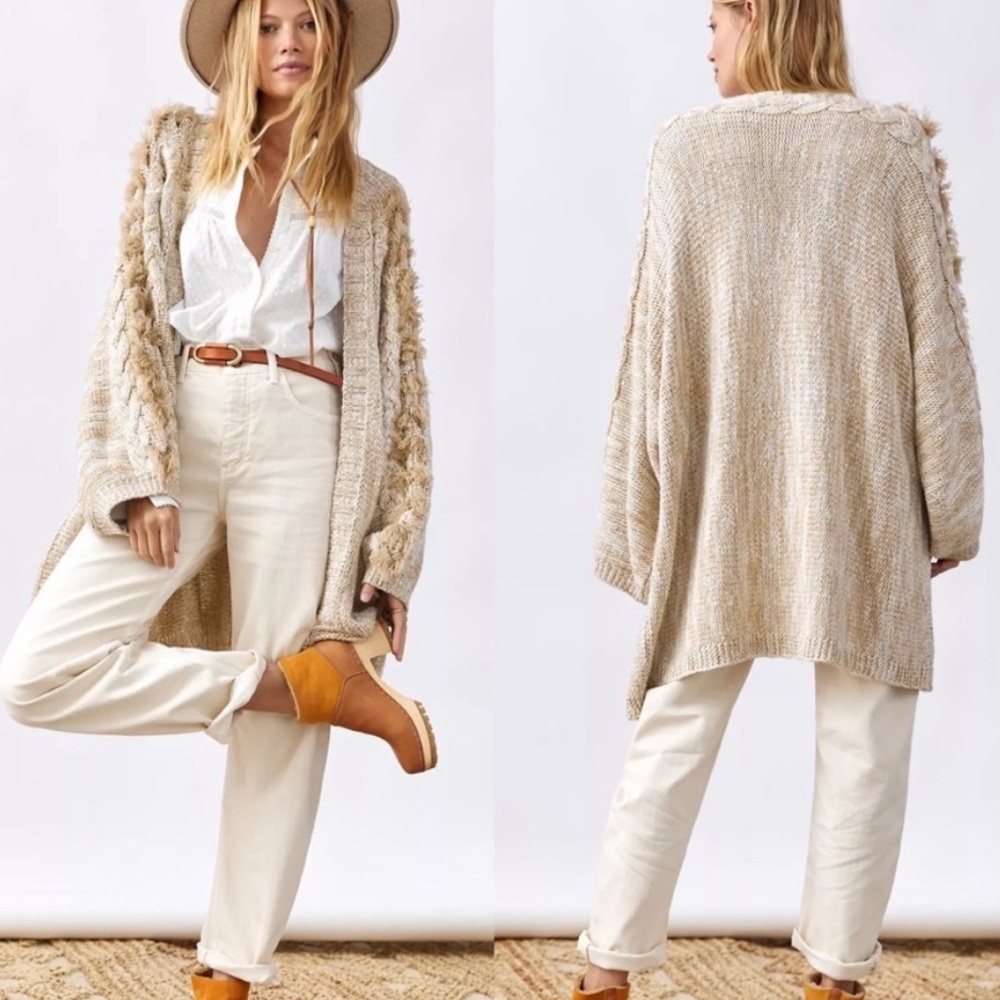 Anthropologie Braided Fringe Sleeve Oversized Beige Cardigan - OS